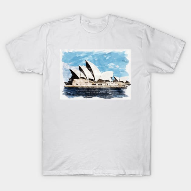 Sydney Australia Aussie Opera House Waterfront Watercolour Travel Wanderlust Painting T-Shirt by Naumovski